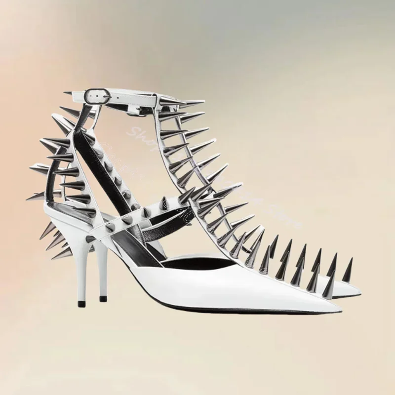 

Silver Spikes Black Hollow Design Runway Pumps Buckle Strap Women Shoes Thin High Heels Pointy Toe Sexy 2025 Zapatos Para Mujere