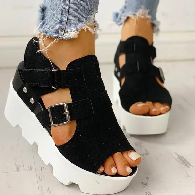 Women Summer Sandals Wedges Heel Black White Casual Designer Shoes Footwear Buckle Strap Open Toe Platform Sandel Women Shoes