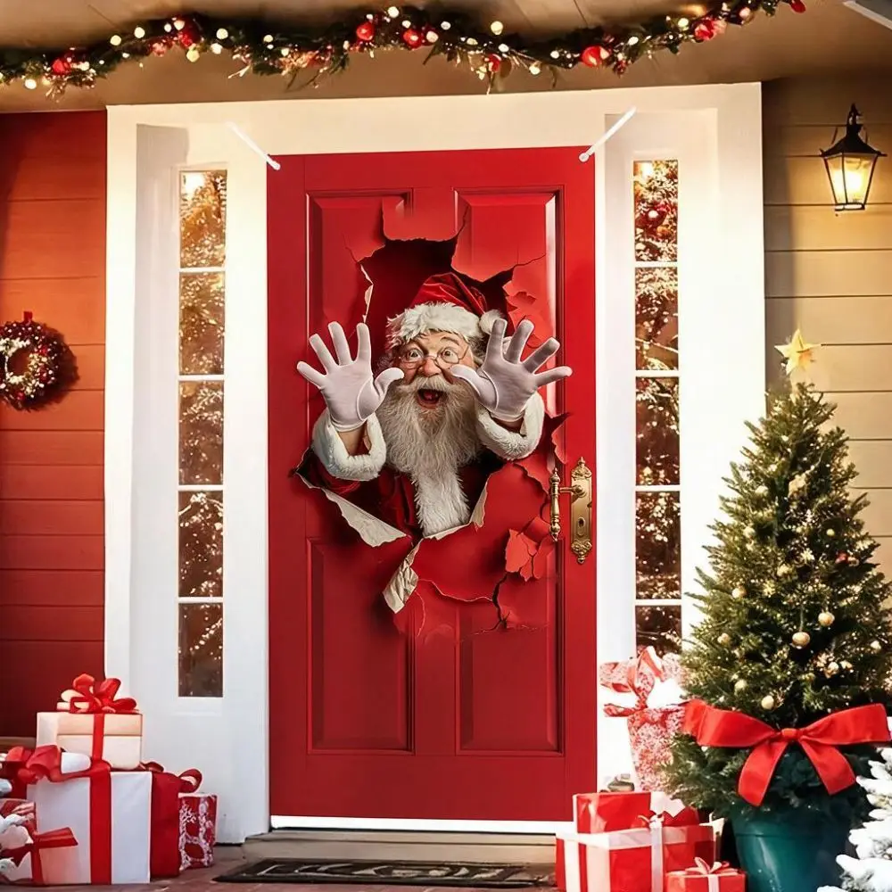 Santa Claus Pattern Christmas 2D Door Banner Rectangular Hanging Christmas Door Cover Perforated Strap Fastening Polyester