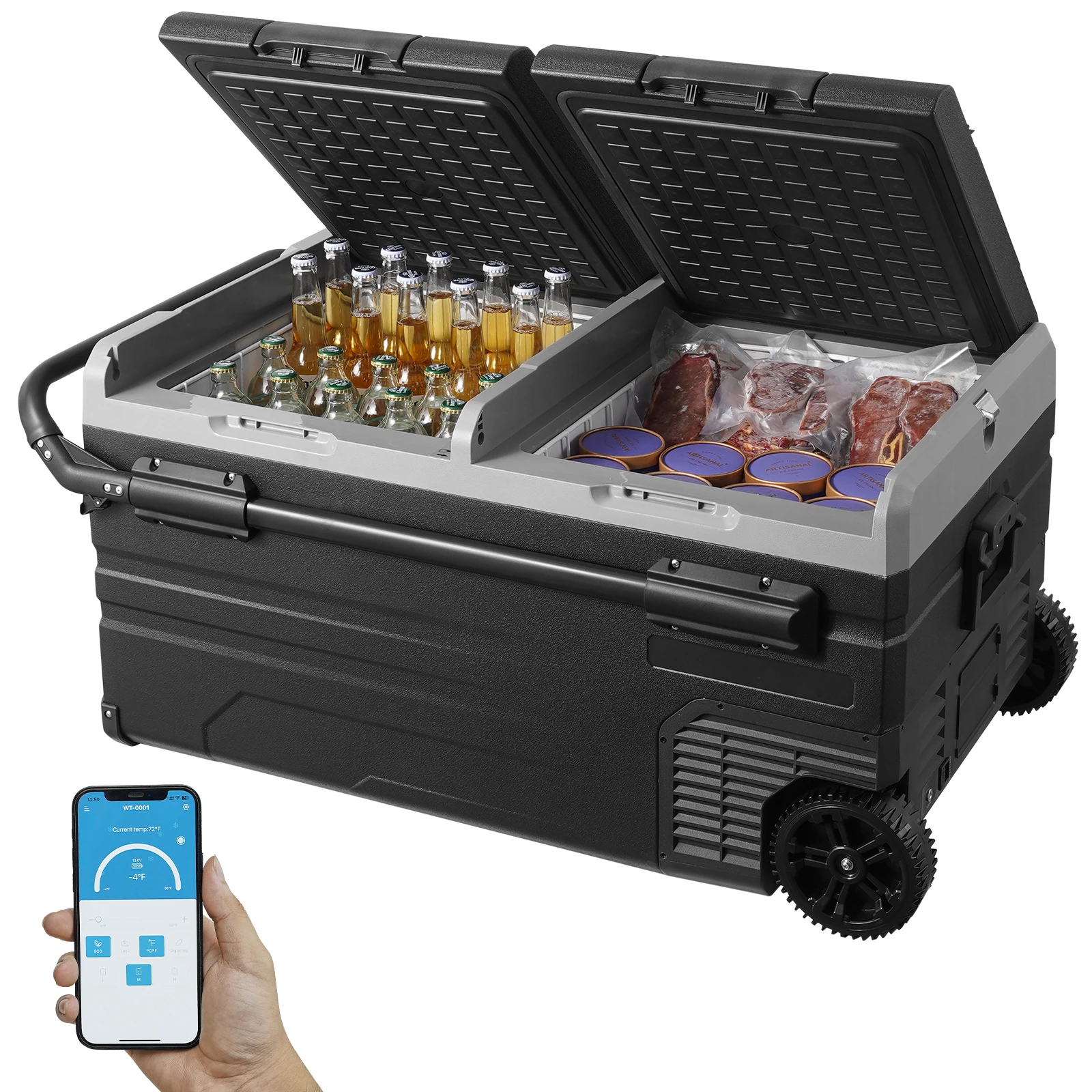 SucceBuy Réfrigérateur pour Voiture 95 L Double Zone Portable -4 ℉ -68 ℉   Refroidisseur de compresseur 12/24 V DC et 100-240 V AC pour le camping en plein air