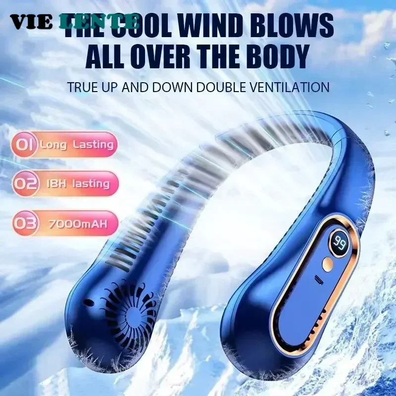 

Neck Bladeless Fan Mini Ultra Long Life Portable Lazy Silent Fan Usb Charging Student Sports Office Digital Display Power 5 Gear