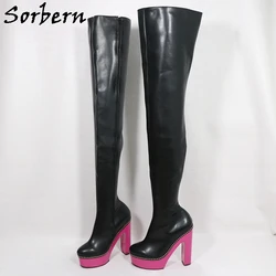 Sorbern Rose Pink Heel Crotch Thigh High Boots Women Block High Heel Platform Rivets Around Winter Style Drag Queen Shoes Custom