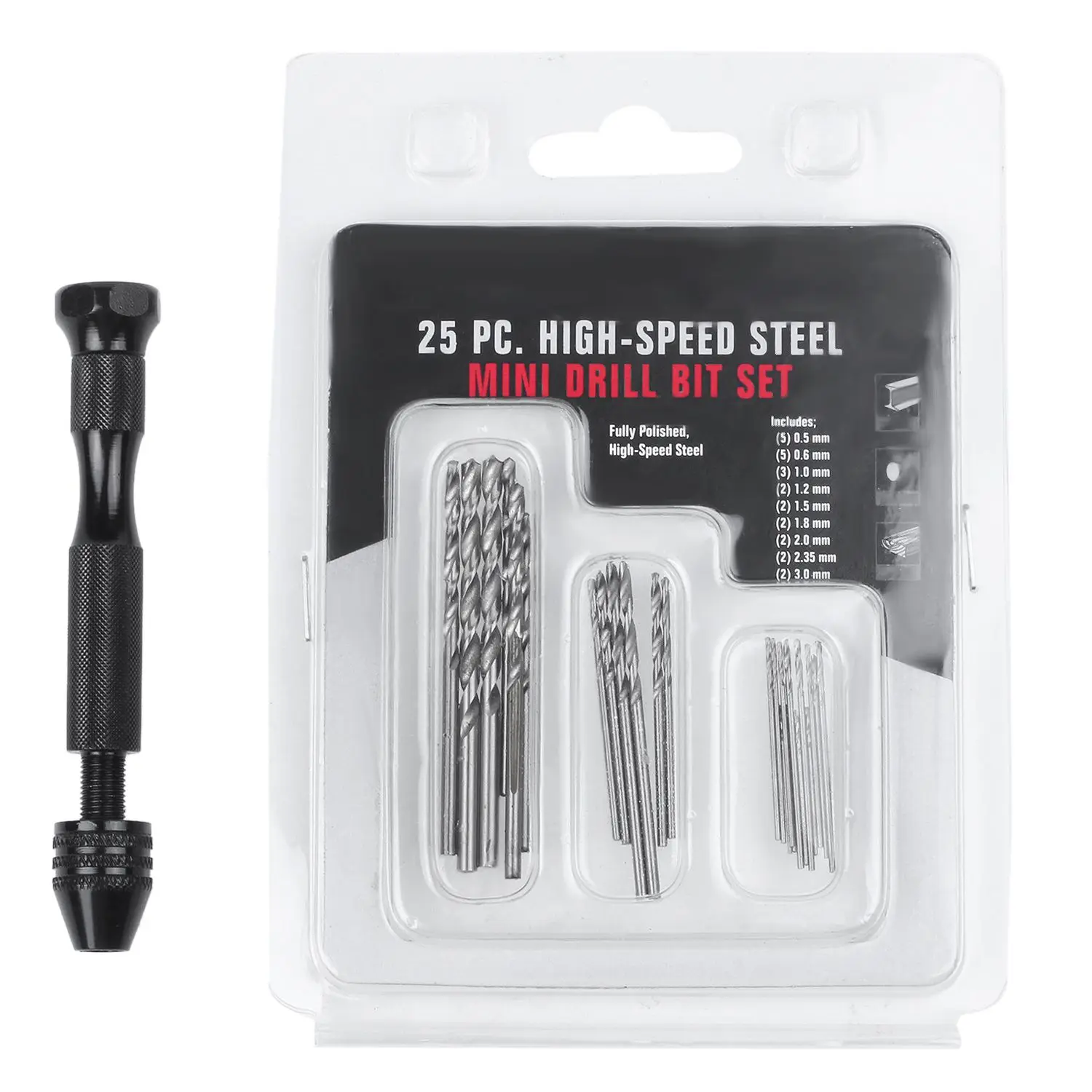 Set di punte elicoidali a mano, morsa a perno di precisione fai-da-te modello Mini trapano a spirale manuale con punte Micro-trapano da 25 pezzi da 0.3mm a 3.0mm (nero)