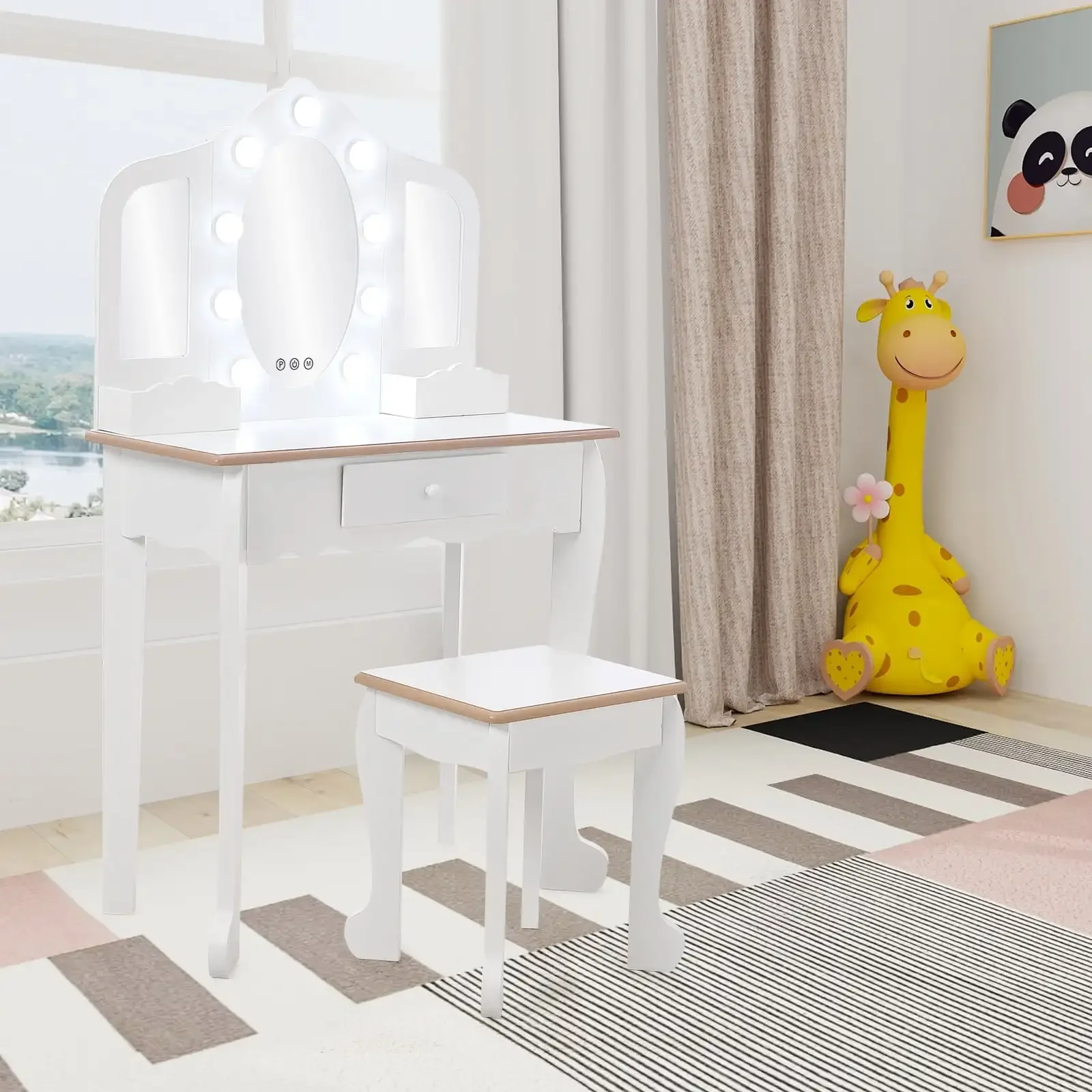 

Kids Vanity Table with 3 Mirrors, Makeup Dressing Chair Set and 3 LED Lighting Modes, Wooden Makeup Playset, Ideal Princess