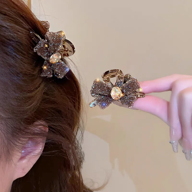 

2 шт. Изысканные заколки для волос с блестящими стразами и бантом, кофейного цвета, легкие, роскошные, прочные боковые зажимы для свиданий и повседневной носки