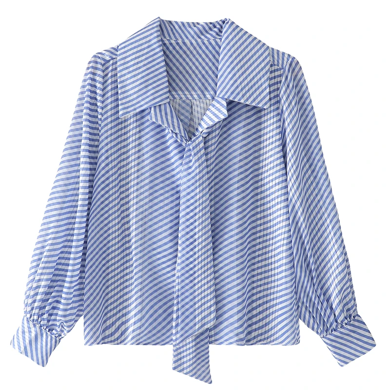 Fashion Autumn Long Sleeve Slim Striped Shirts Woman Luxury Casual Bow Collor Blouse Women Elegant Blue Office Top Female Mq212