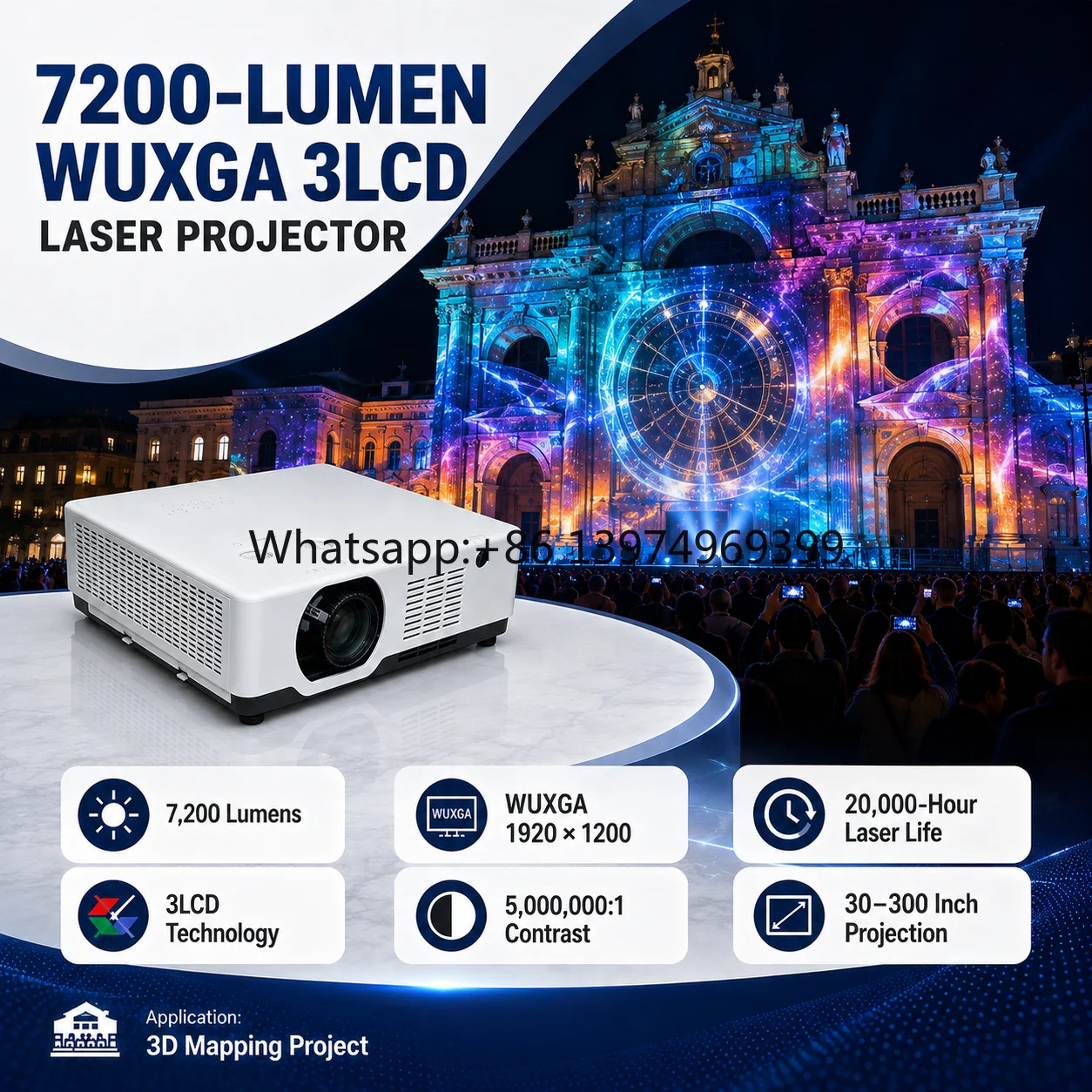 Professional WUXGA 3LCD Laser Projector 7200 Lumens for 3D Mapping Immersive Space and Home Cinema