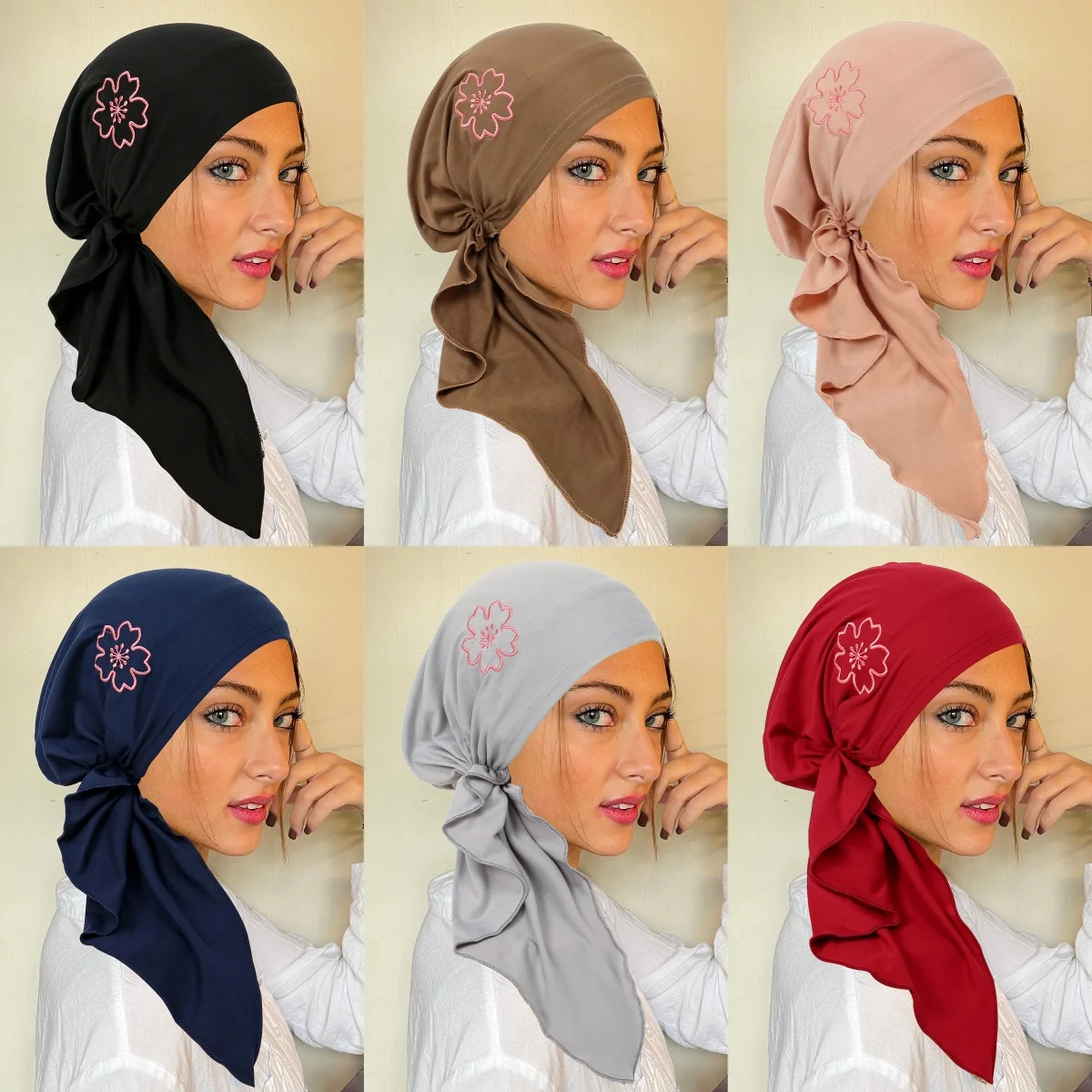 

New Soft Strech Embroidered Flowers Women's Hijab Muslim Ladies Turban Bonnet Long Tail Head Wrap Head Scarf Indian Hats