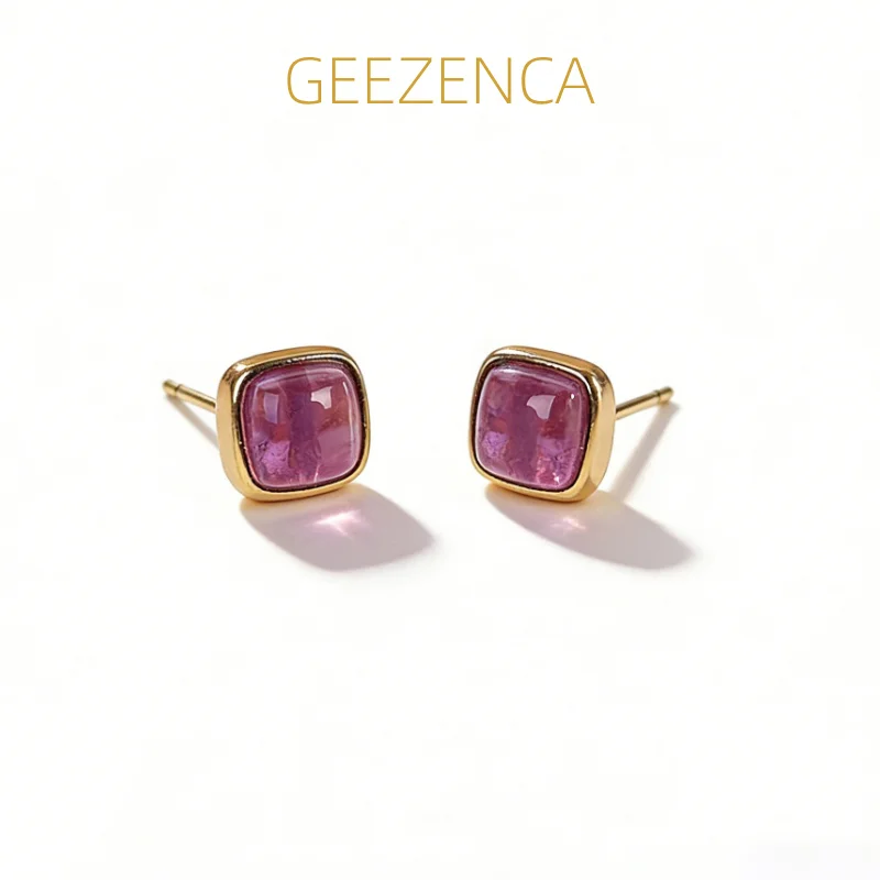 

GEEZENCA Amethyst 925 Silver Gold Plated Square Stud Earrings For Women Simple Trendy Dainty Stack Small Flat Back Earring Gift