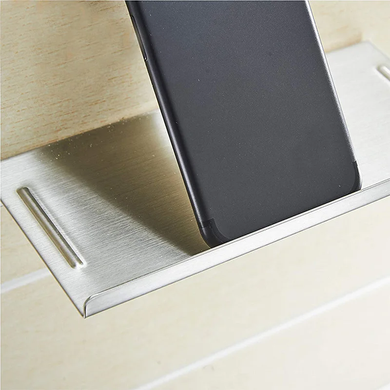 مرحاض حمام مثبت على الحائط من الفولاذ المقاوم للصدأ ، حامل هاتف صغير ، نمط مانع للانزلاق ، لمسة نهائية مصقولة بالفضة