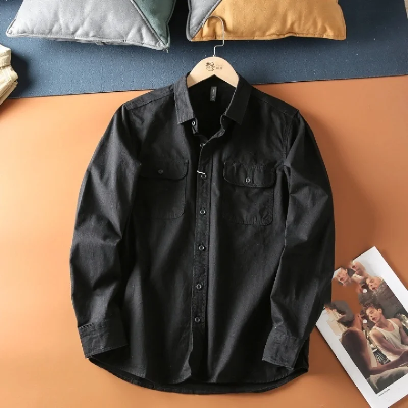 Весенне-осенняя новая мужская рубашка с двойным карманом, потертый и матовый свободный универсальный топ с длинными рукавами в японском стиле ретро