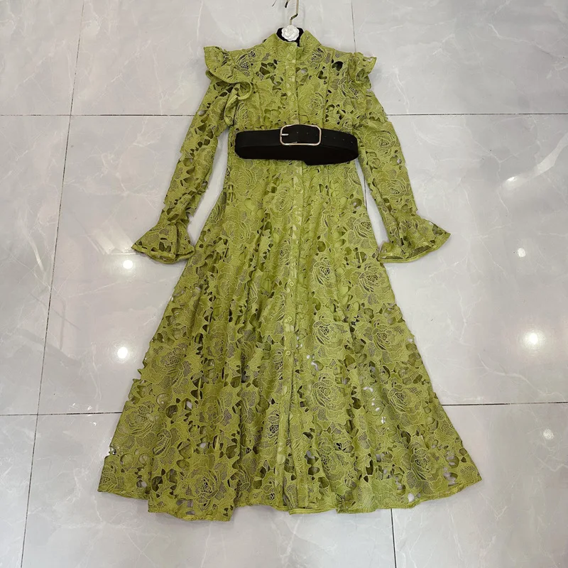 SP Water Soluble Lace Dress with Belt for Girl, Colorful skirt, Hollow Out, women, Celebrity Style, Spring, lady