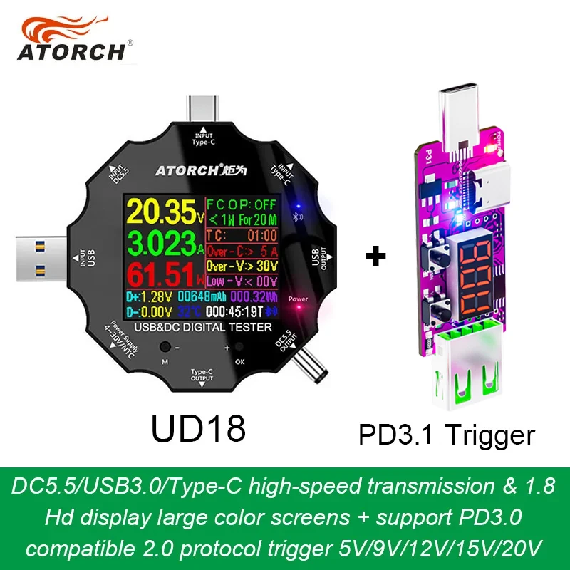 DC5.5 USB 3.0 Type-C 18 in 1 USB tester dc digital voltmeter power bank charger voltage meter +PD3.0/2.0 protocol Trigger