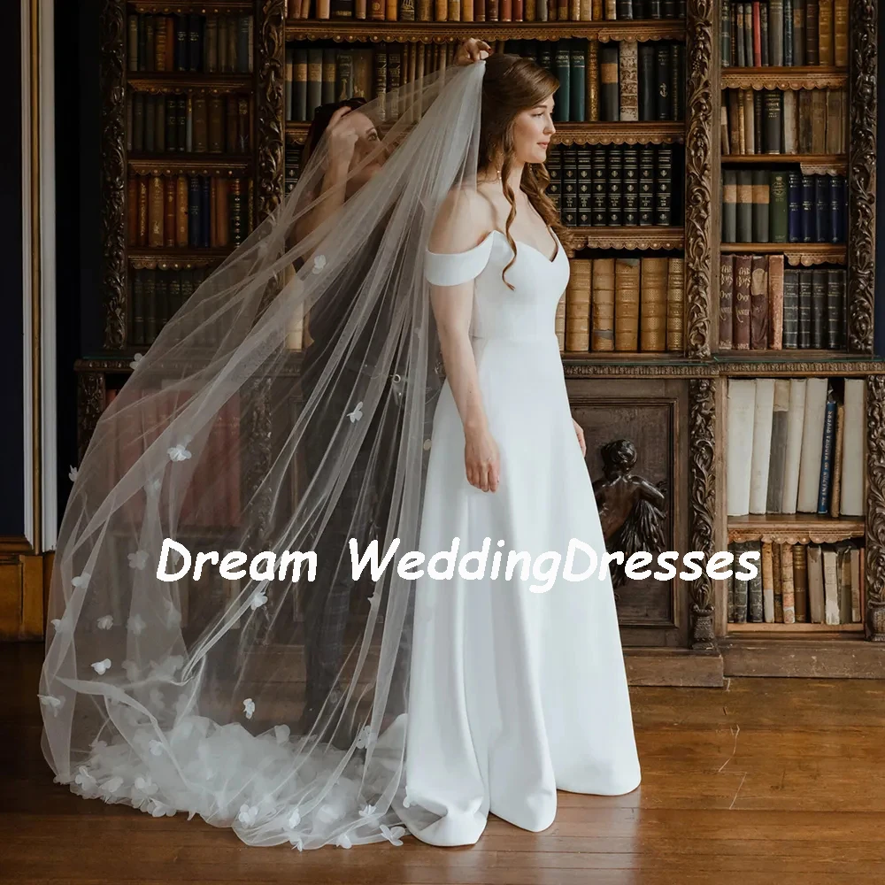 DREAM-vestidos de novia de satén con hombros descubiertos, personalizados, con flores en 3D, velo, cuello barco, vestidos de novia sin espalda, vestidos de boda 2025