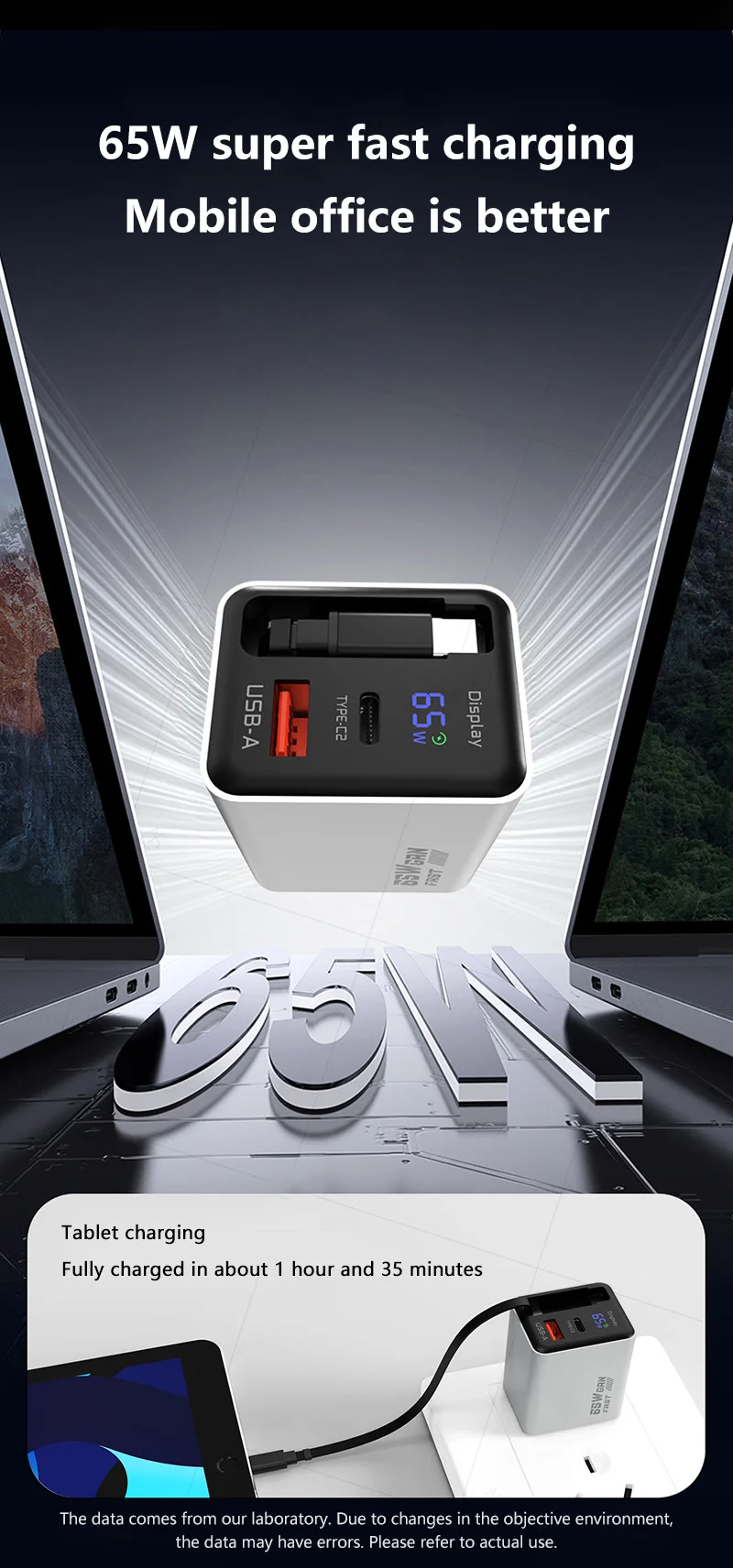 65W Digital-Display-Ladegerät, Multi-Port-Ladeadapter, US- und UK-Stecker, einziehbares Kabel, GaN-Schnellladegerät für Apple-Geräte – Detail 4