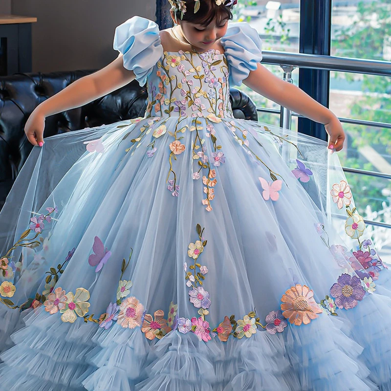 

Синее вечернее платье для девочек на день рождения, праздничное платье принцессы из фатина для детей, длинное платье для выступлений, нарядное платье для торжественных мероприятий