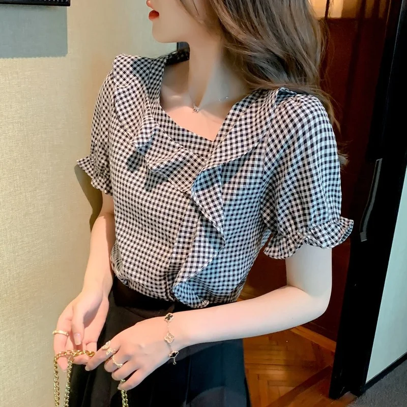 

Blouses Women Ruffles Summer Thin Fashion Short Sleeve Basic Harajuku Plaid Preppy Style Sweet Design Casual Clothes Kawaii Ins