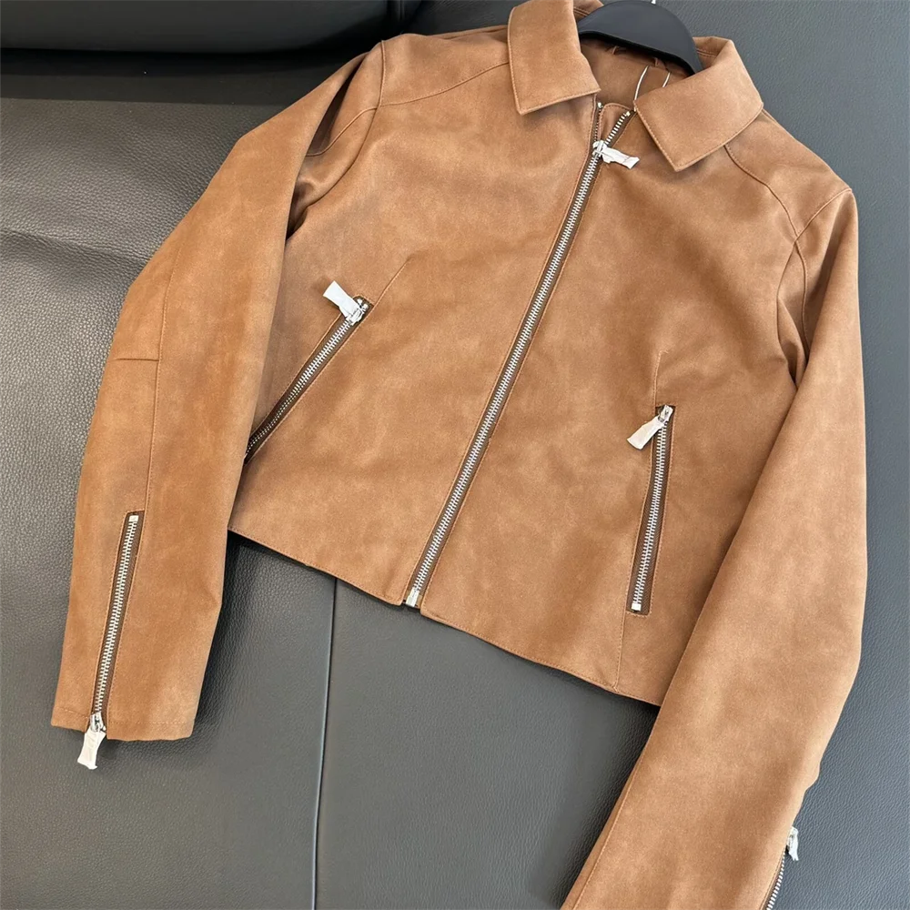 

Новый продукт, женская модная куртка в стиле ретро с воротником и длинным рукавом на молнии, короткая стильная куртка из натуральной кожи, верхнее пальто