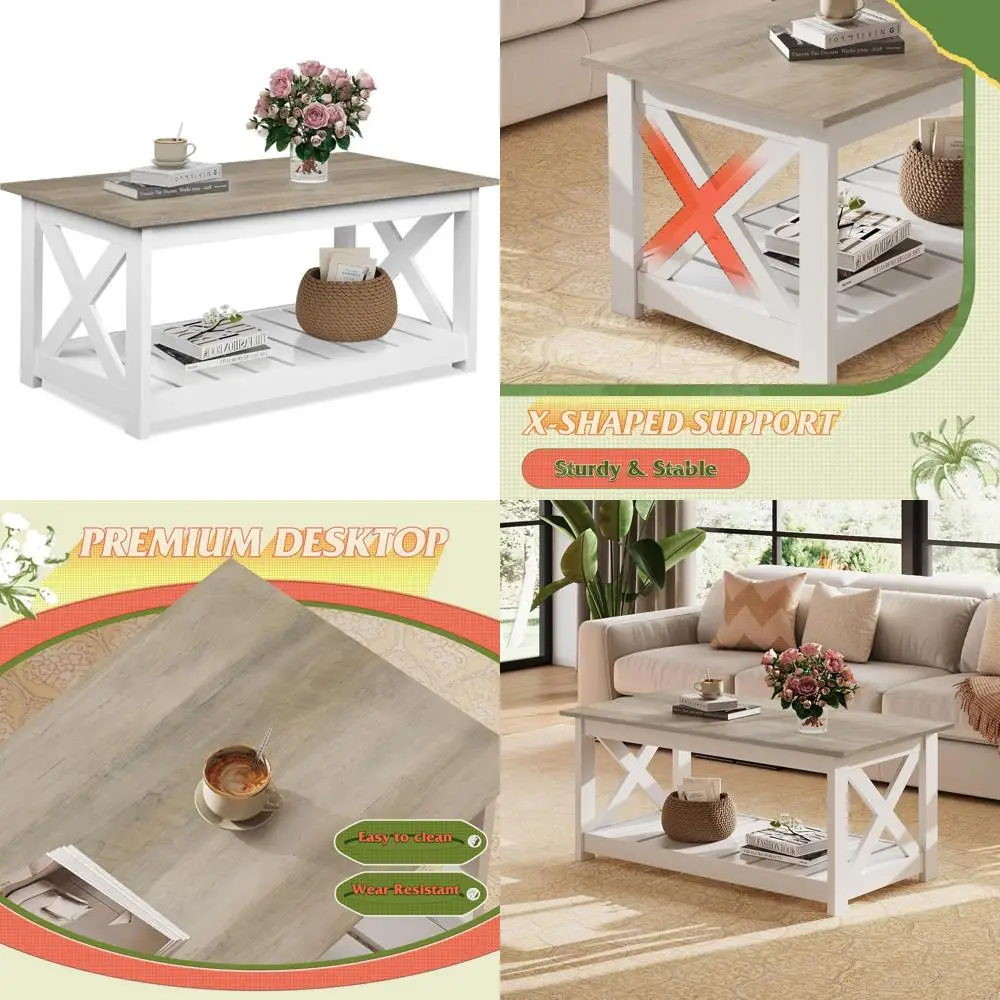 

Farmhouse Style Coffee Table with Slatted Shelf and X-Frame for Living Room, 40.1 Two-Tier Wood Center Table