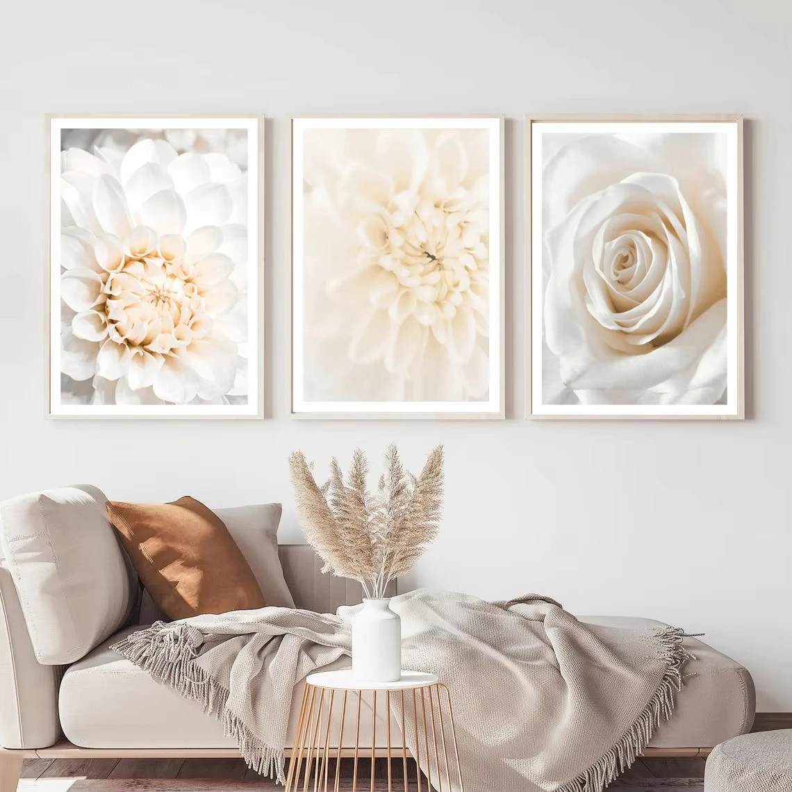 Beige Blooming Dahlias Roses Book FlowersWall Art Canvas Painting Nordic Posters and Prints Living Room Home Decoration Pictures