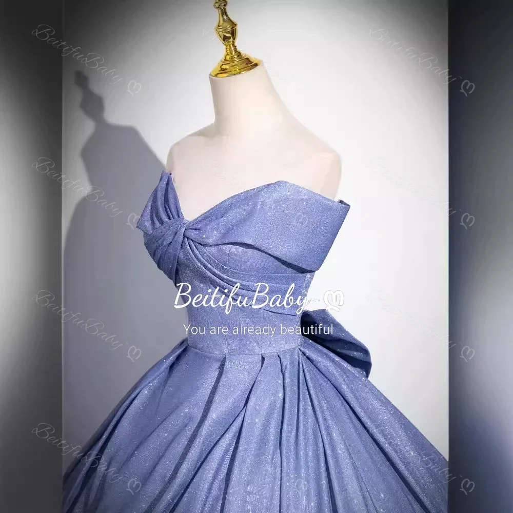 2025 ชุดราตรีสตรี Blue Gradient ปิดไหล่ LACE-up Bow เจ้าหญิงสไตล์ A-Line ชุดจัดเลี้ยง PARTY Dresses vestidos