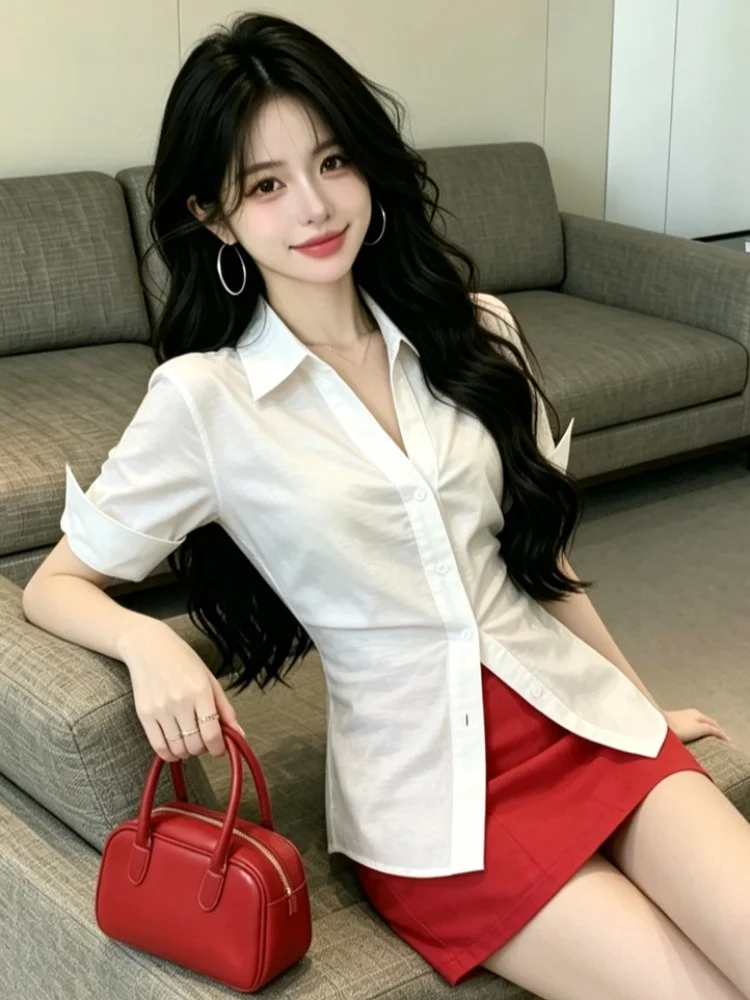 

Slim Fit Neck Short Sleeve Shirt Women's Summer New Style Sexy Bodycon Skirt Fashionable Versatile Biker Short Skirt