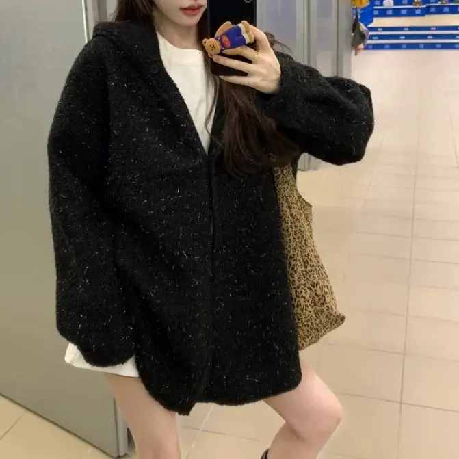 

2026 New Coat Autumn and Winter Hooded Black Versatile Fashion Casual Coat