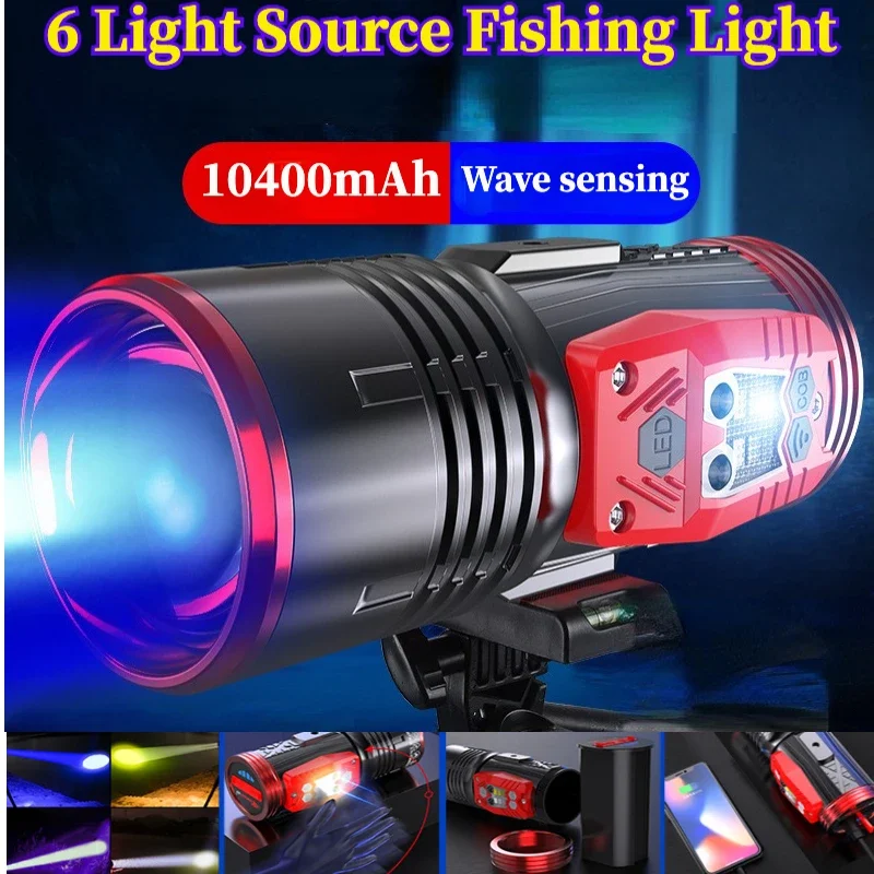 Powerful Night LED Fishing Flashlight Type-C Rechargeable Blue White Yellow Purple 4 Light Source Camping Handlamp with Bracket
