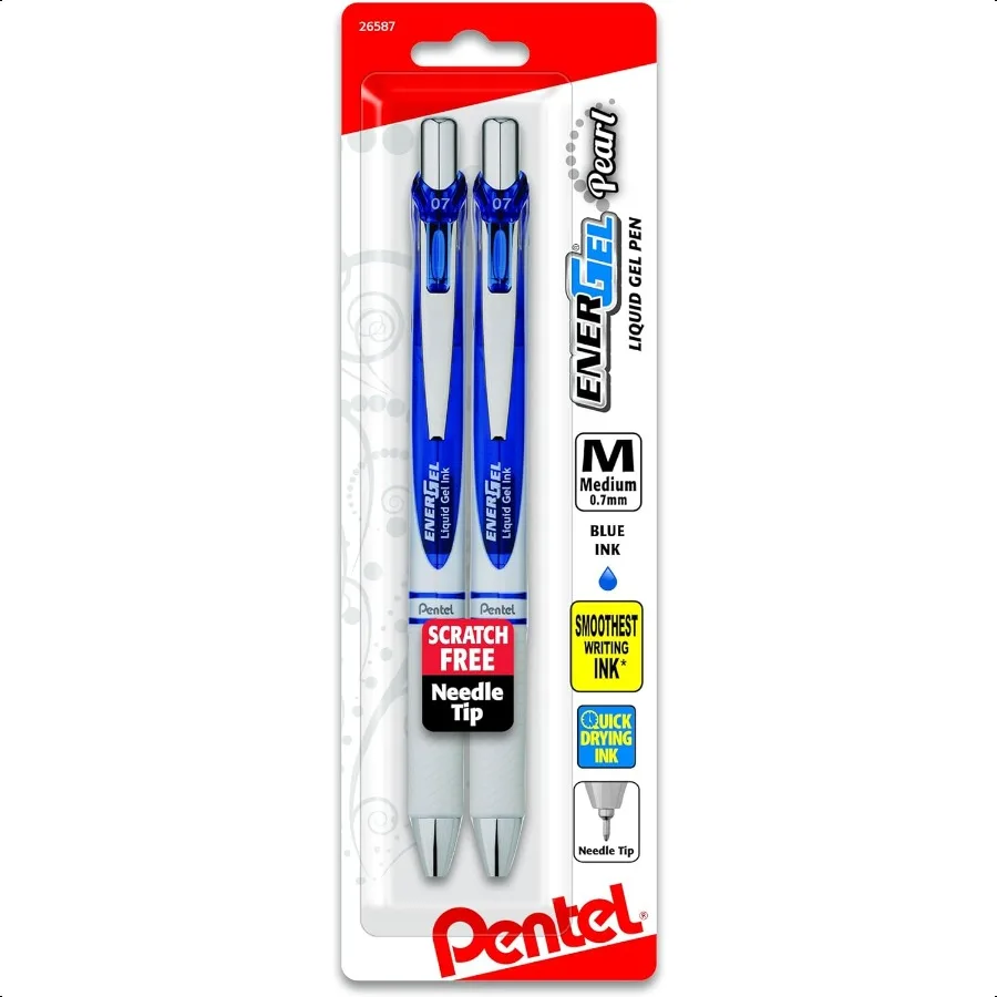 

EnerGel Pearl Retractable Liquid Gel Pen Needle Tip 0.7mm Medium Line Blue Ink 2Pk (BLN77WBP2C)