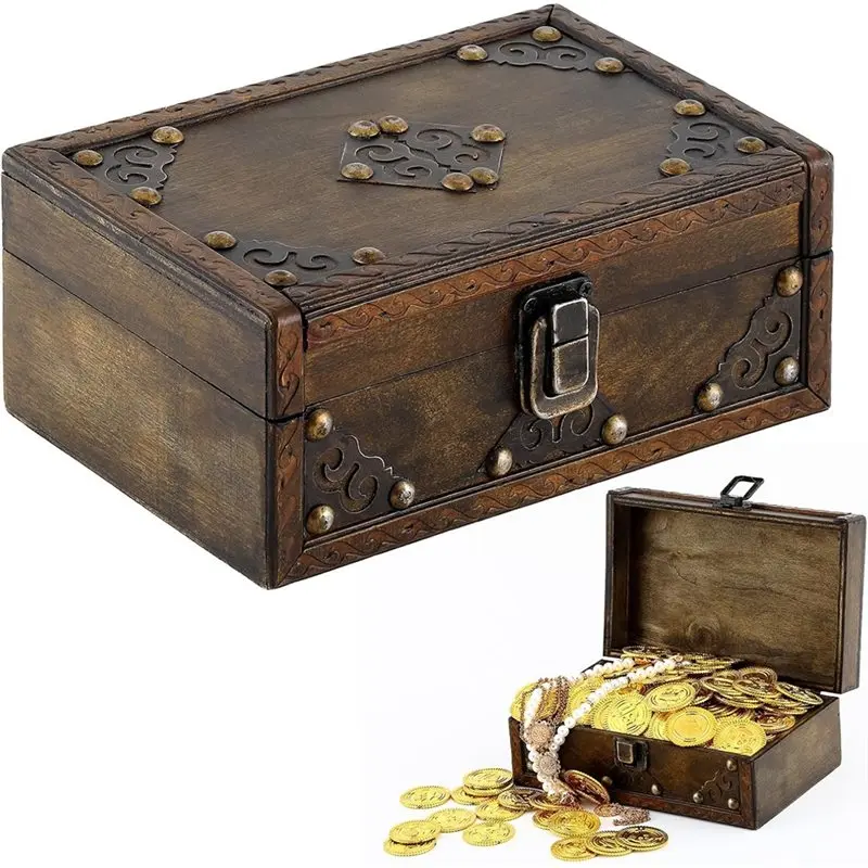 

CYL-Home Decor Wooden Treasure Chest With Hinged Lid For Coins For Jewelry Storage Trinkets Rustic Decorative Box For Table