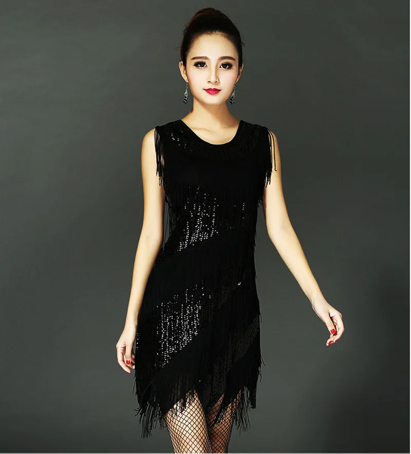 Adult Latin dance skirt, dance practice skirt, sequined fringed sleeveless performance suit, stage performance suit for women