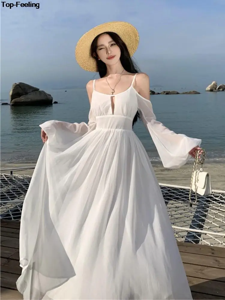 

Summer White Holiday Beach Long Dress Women Off Shoulder Backless Runway Vestidos Korean Chic A-line Sundress Clothes