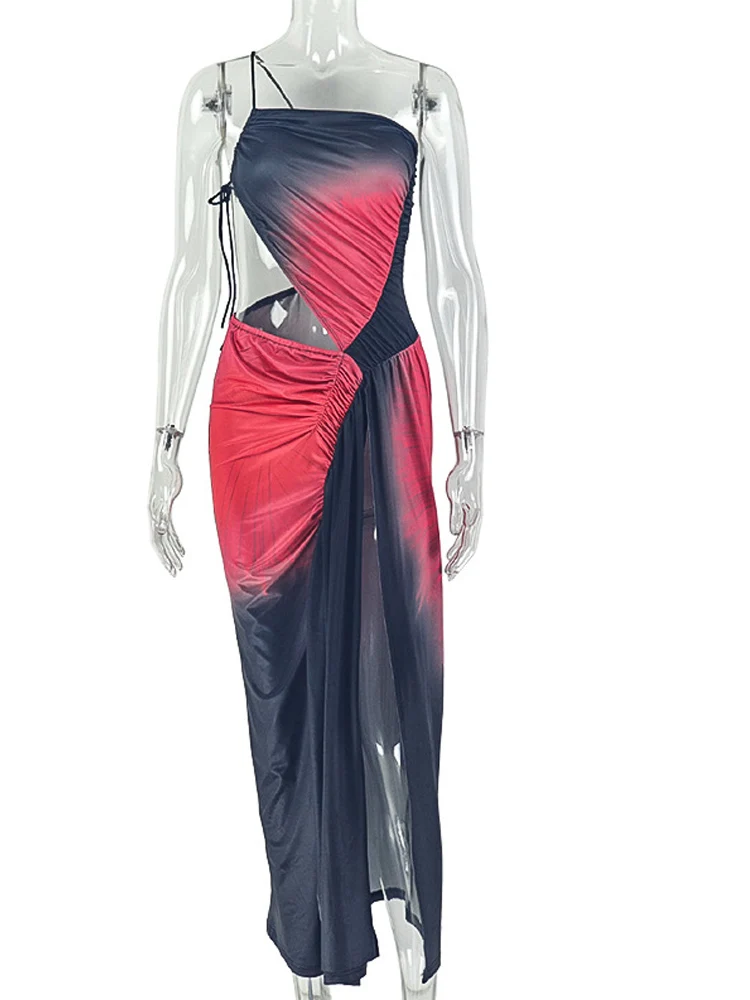 فستان Beyprern مثير مطبوع بربطة عنق ومكشكش متوسط الطول للنساء متدرج بكتف واحد وفتحة عالية ملابس نادي ضيقة