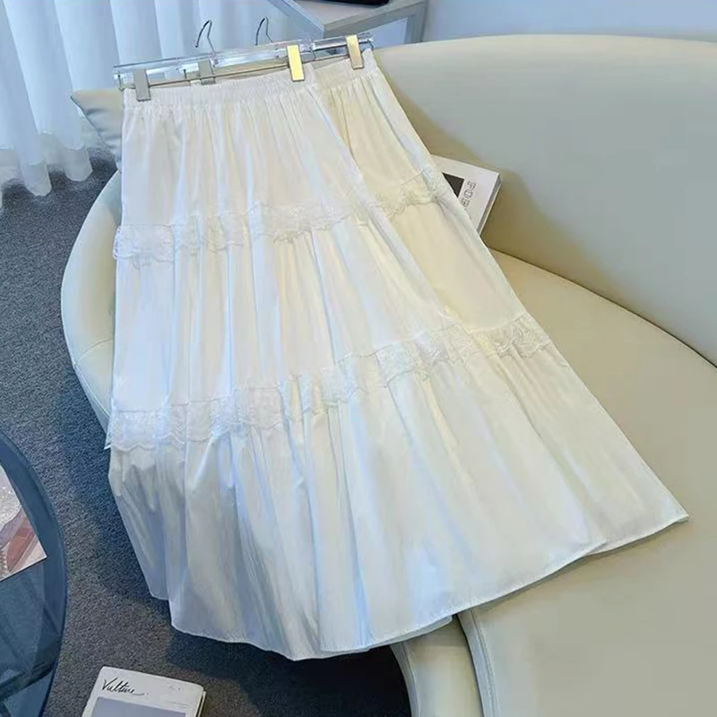 Lace Patchwork White Midi Skirts for Women Y2K Loose Elastic High Waist Female Ruffles A Line Skirts Korean Elegant Skirt Mujer