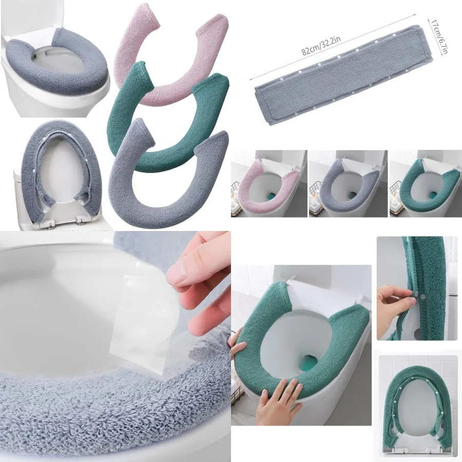 

3 упаковки, мягкие, толстые, теплые чехлы на сиденья для унитаза с защелками для использования в ванной комнате, фиксированные, растягивающиеся, моющиеся, тканевые, накладки на сиденье для унитаза