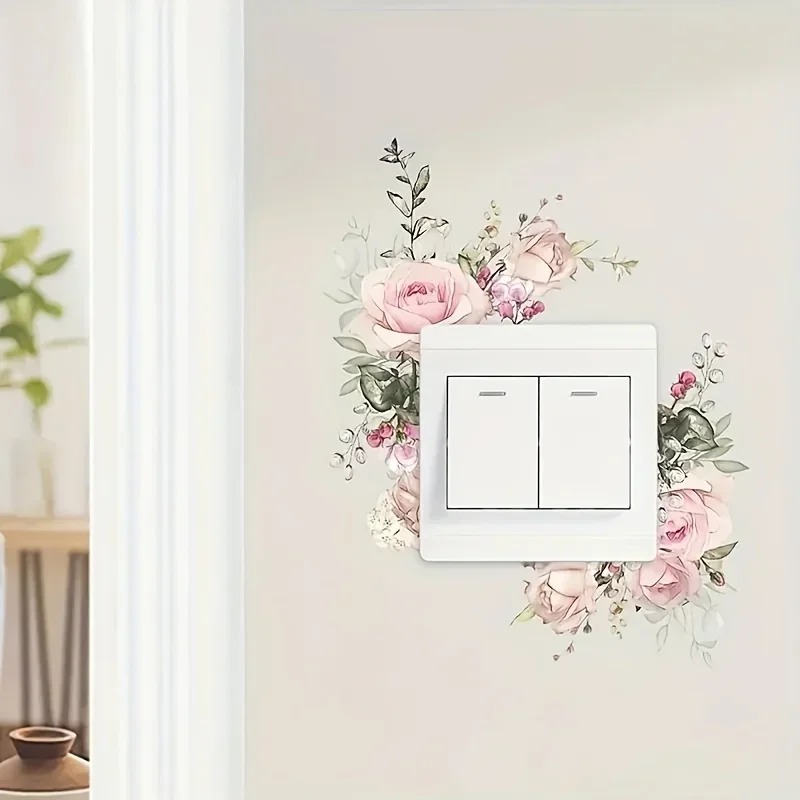 French Vintage Watercolor Rose Flower Wall Sticker Light Switch Protector Cover Waterproof Bedroom Living Room Socket Decor Decal