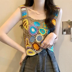 Rainbow Crochet Cami Top Multicolor Embroidery Floral Open-knit Crop Tank Tops Women Teengirl Summer Vacation Boho Outfit