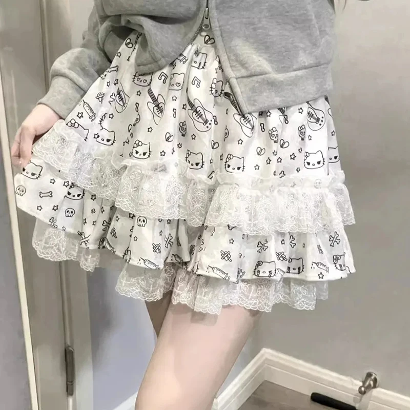 Y2K Sweet Skirt Women Lace Patchwork Print Mini Skirt Japanese Kawaii High Waist Ball Gown Gothic Fashion Female A Line Skirt