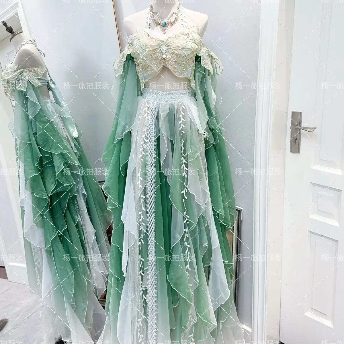 Fairy Exotic Forest Style Two‑Piece Suit Off‑Shoulder Flare Sleeve Dress For Dunhuang Xishuangbanna Theme Photoshoot Cos Event