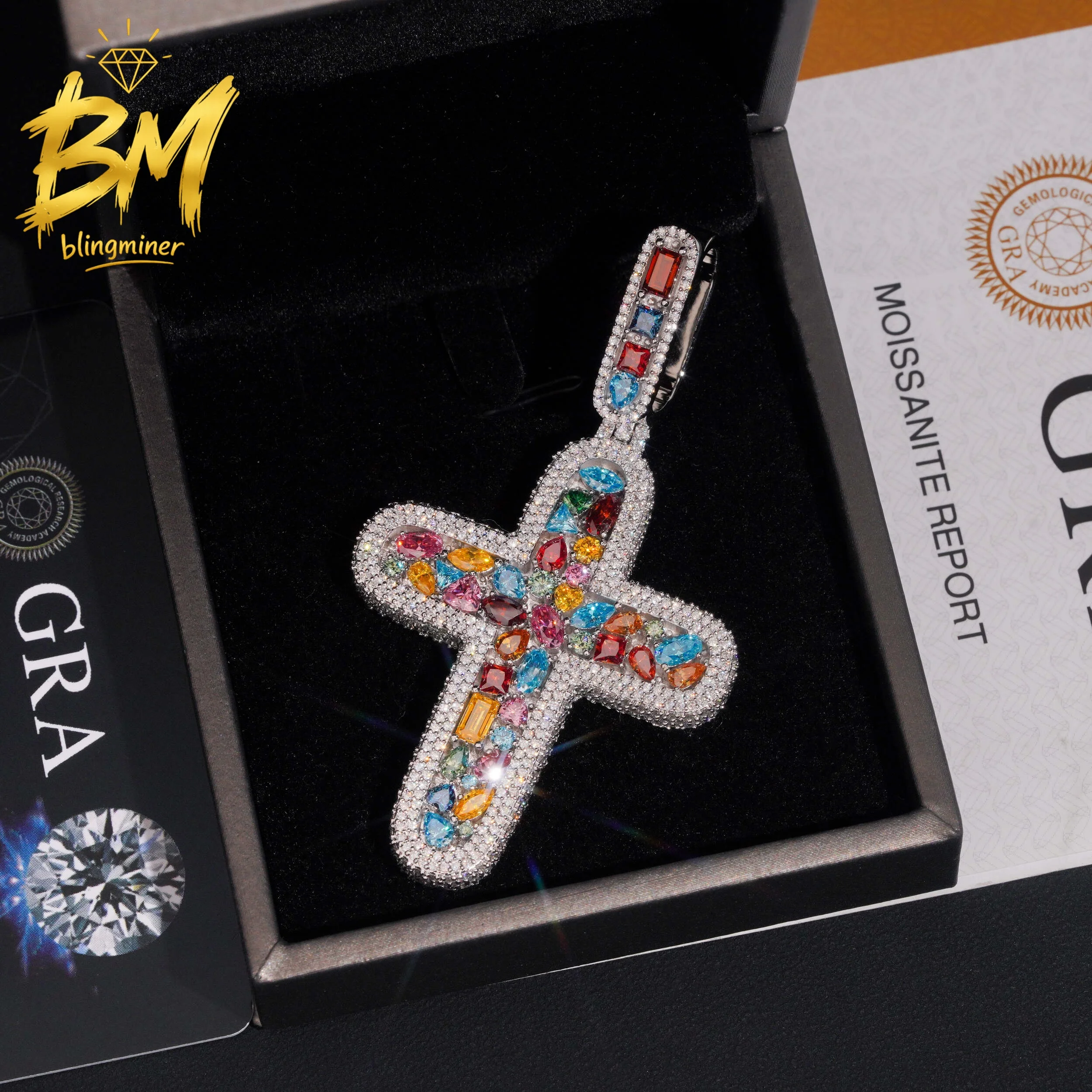 Blingminer Rainbow Color Cross VVS Moissanite Pendant For Men Women S925 Silver Pendants  Pass Diamonds Tester Free Shipping