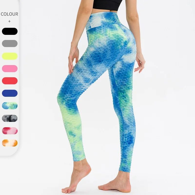 Women's Sports Yoga Pleated Pants Tie-dye High-waisted Hip Lift Bubble Pants Tight Quick drying Breathable Fitness Sports Pants