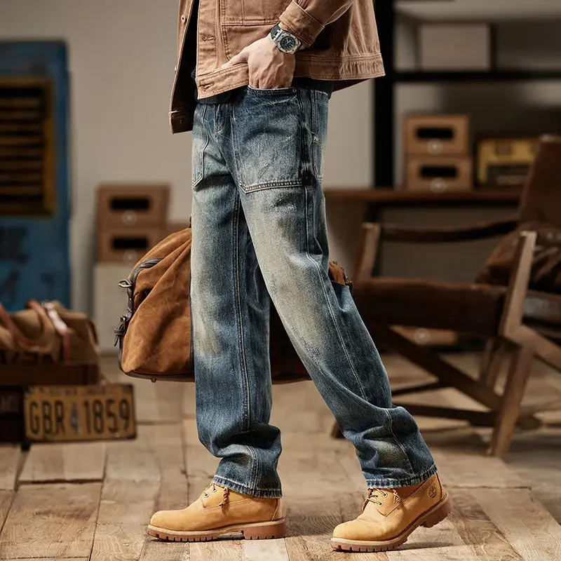 

With Pockets Jeans for Men High Quality Y2k Trousers Streetwear Denim Cotton Wide Leg Korean Style Soft Luxury Man Cowboy Pants