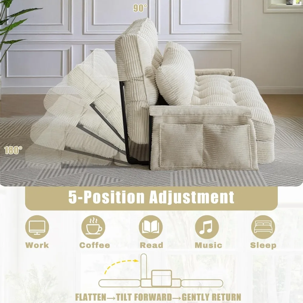 سرير أريكة كسولة قابل للطي بـ 5 أوضاع قابل للتحويل مع مسند للذراع، أريكة أرضية قابلة للتعديل مع وسادتين، أرضية قابلة للطي #3