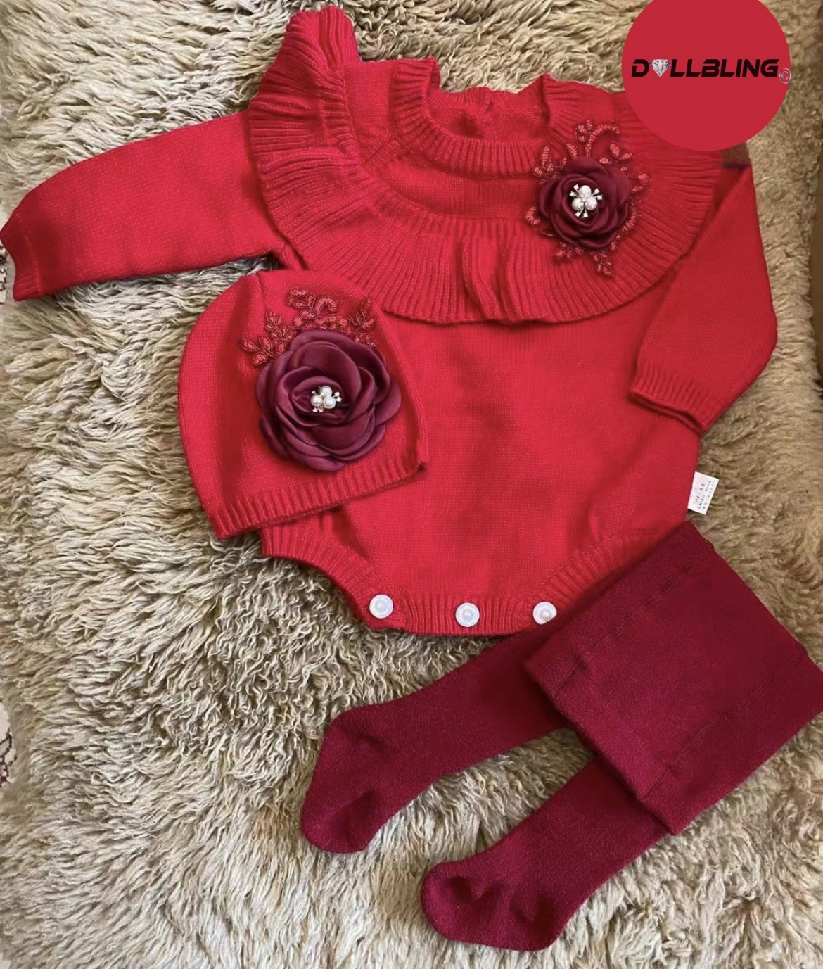 Christmas Baby Girl Red Sweater Outfit Toddler Knitted Lace Flower Romper Jewelry Onesie Cotton Jumpsuit and Turban Hat Set