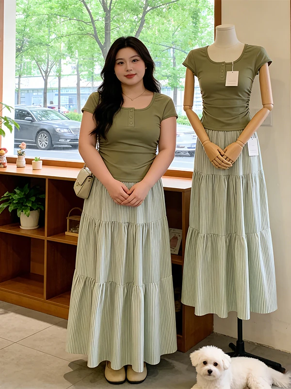 

plus Size Slim Fit Set Women's Summer New Waist Cinching Sleeve T-Shirt Stripe Half Skirt Two Piece Set Korean Style Commute