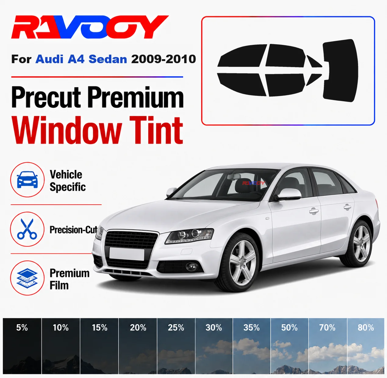 Premium Precut Window Tint Kit Front Rear Windows Rear Windshield For Audi A4 Sedan 2009-2010 Complete Set Nano Ceramic Film