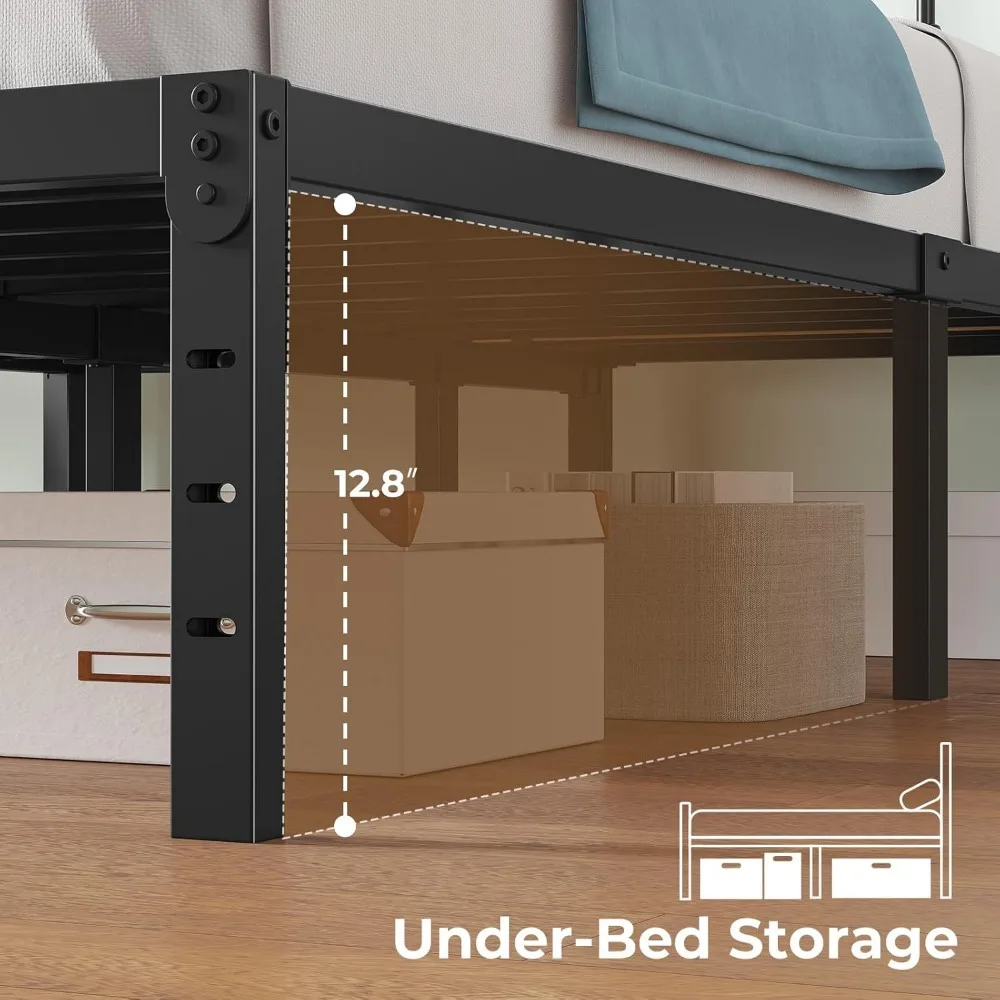 إطار سرير مزدوج معدني مقاس 14 بوصة مع لوح رأسي، ومحطة شحن، وأضواء LED، وتخزين تحت السرير، شديد التحمل، وسهل التجميع باللون الأسود