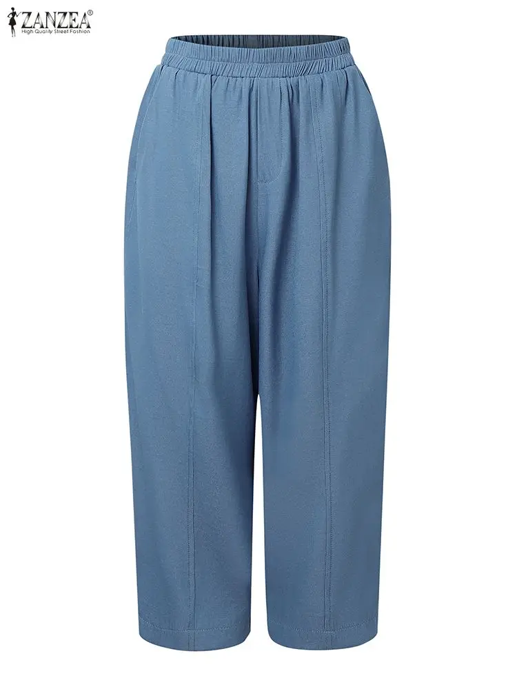 ZANZEA سراويل صيفية للسيدات بطول العجل موضة 2025 بخصر عالٍ وجيوب متينة غير رسمية سراويل فضفاضة عتيقة بخصر مطاطي #4