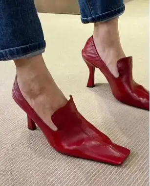 

Burgundy White Black Yellow Soft Leaher Square Toe Flat 4 7 9 CM Heels Mules Pumps Women French Retro High Heel Single Shoes