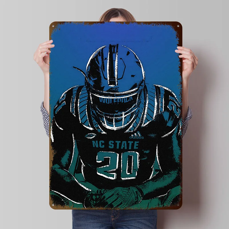 NC State Wolfpack Football Player Illustration Printed Poster Customized Wall Art Retro Vintage Metal Tin Signs for Room House